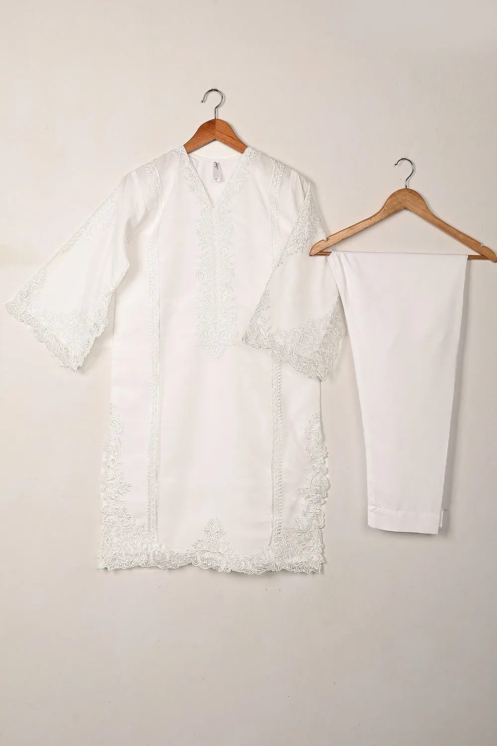 RTW-295-OFF White - 3Pc Ready to Wear Cut Work Embroidered Organza Dress